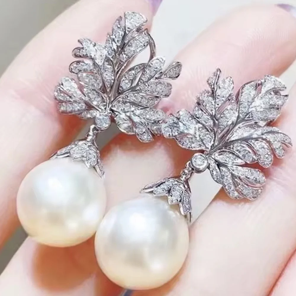 Couture Leaf Diamond Pearl Earrings